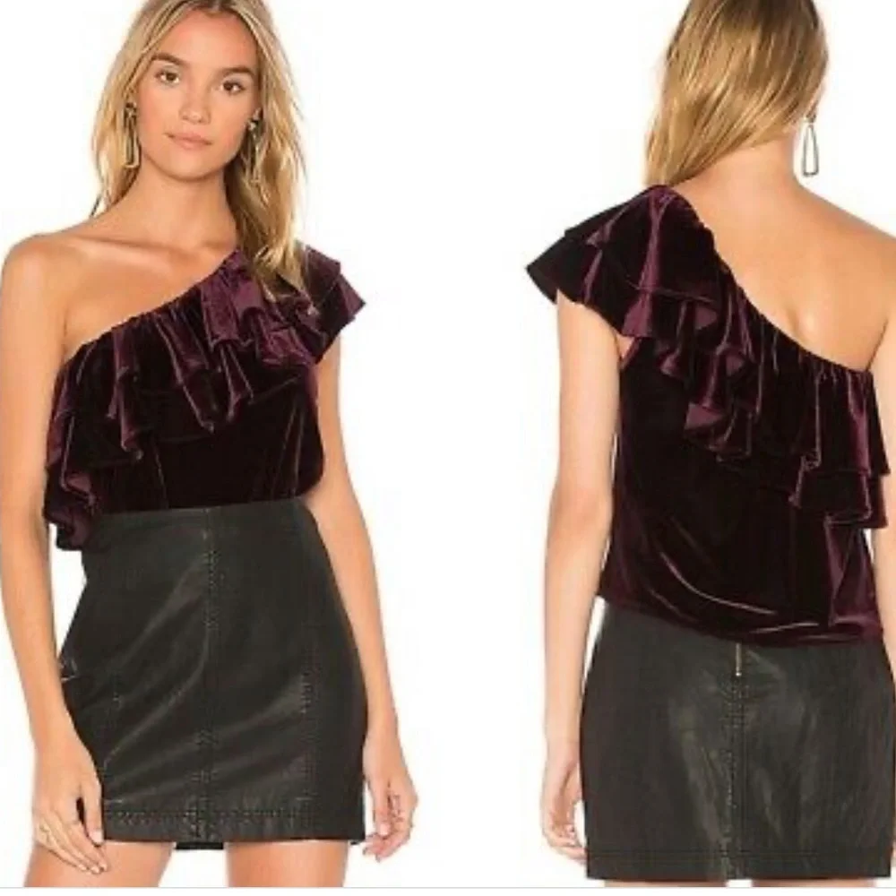 MISA Ruffle One-shoulder Velvet Top In Plum Velvet - Picture 1 of 8